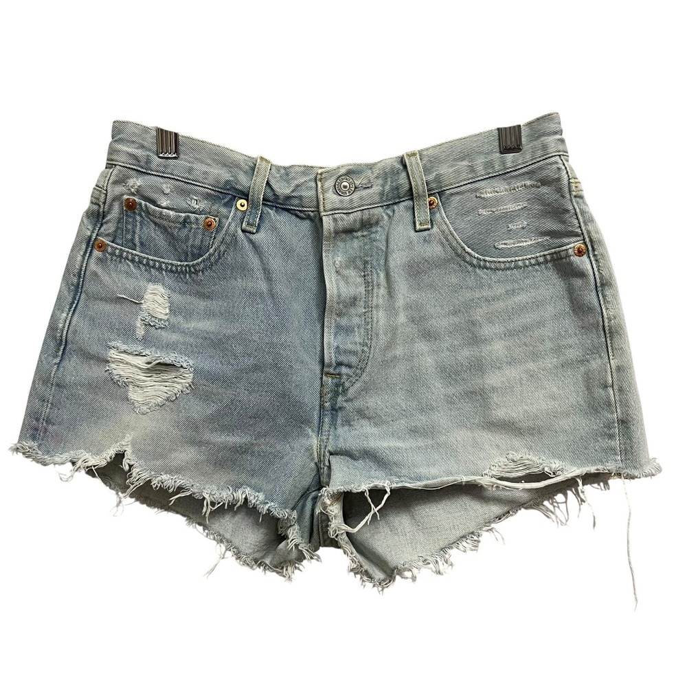 Levi's 501 Original Shorts W28 Light‎ Blue Distressed Raw Hem Denim Cut Offs